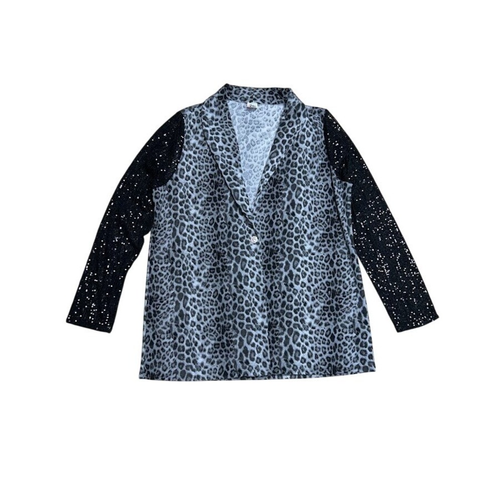 The Zig Zag Stripe‎ Grey Leopard Sequin Sleeve Blazer Rhinestone Button 3XL